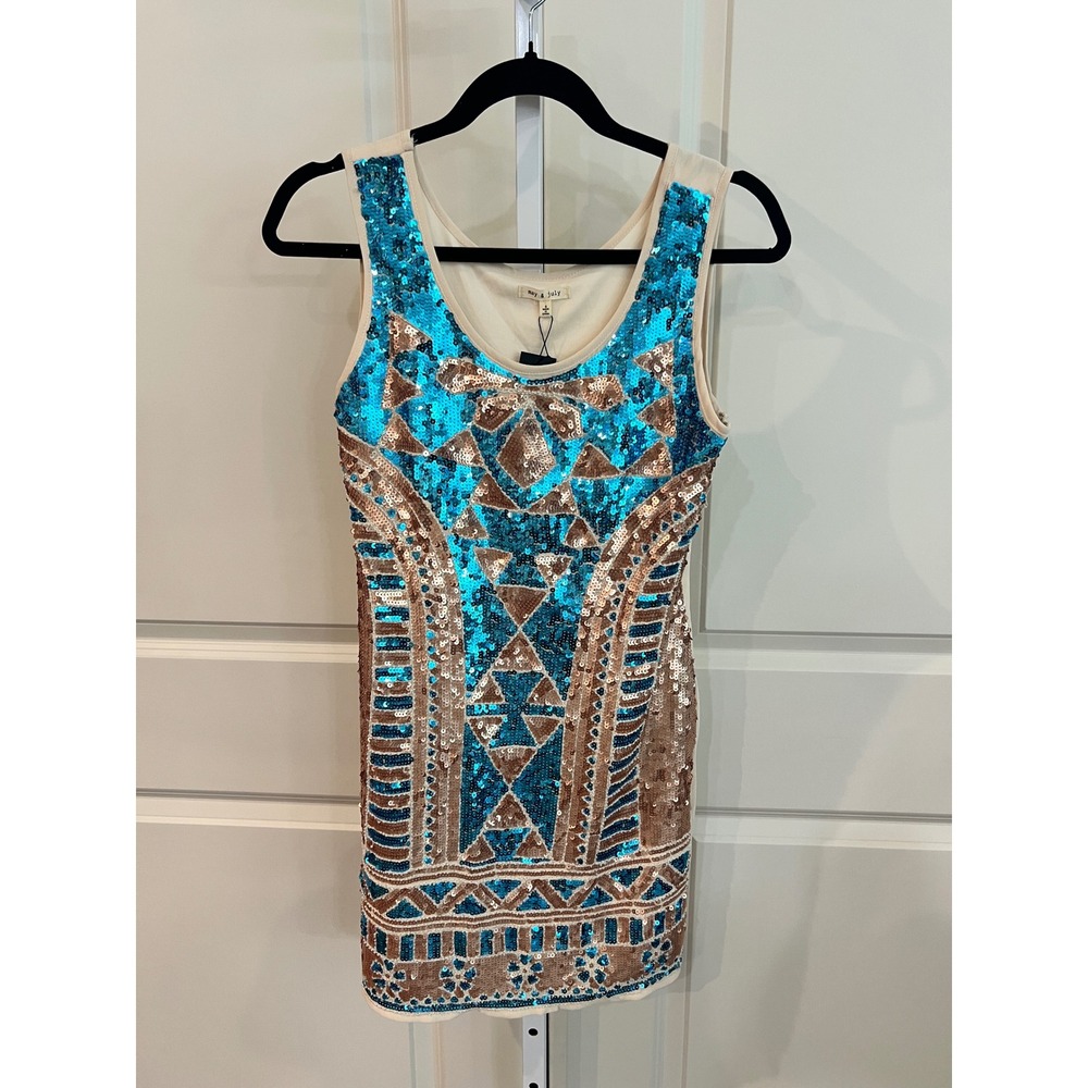 May & July Turquoise Rose Gold Sequin Geometric Mini Dress NWT Small MJD1552M